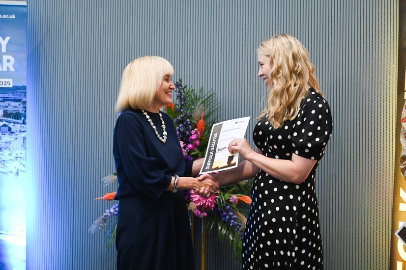 Vice-Chancellor Professor Jenny Higham presenting a 2025 Suffolk Salutes award to Rose Hazell-Evans