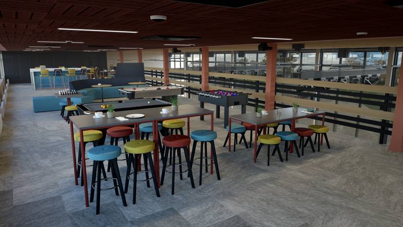 A CGI indicative image of what the mezzanine in the new student hub will look like. It features high tables and stools, as well as sofa seating and a table football
