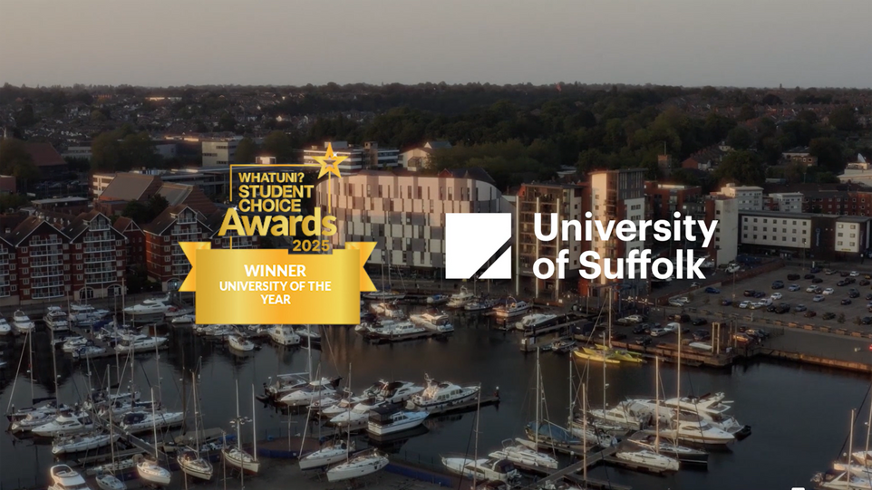 View of Waterfront Building in background, taken from the sky, What Uni Student Award Winners 2025 logo and University of Suffolk logo in foreground.