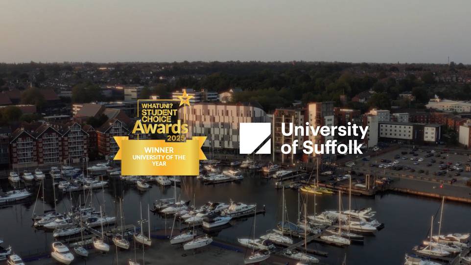 View of Waterfront Building in background, taken from the sky, What Uni Student Award Winners 2025 logo and University of Suffolk logo in foreground.